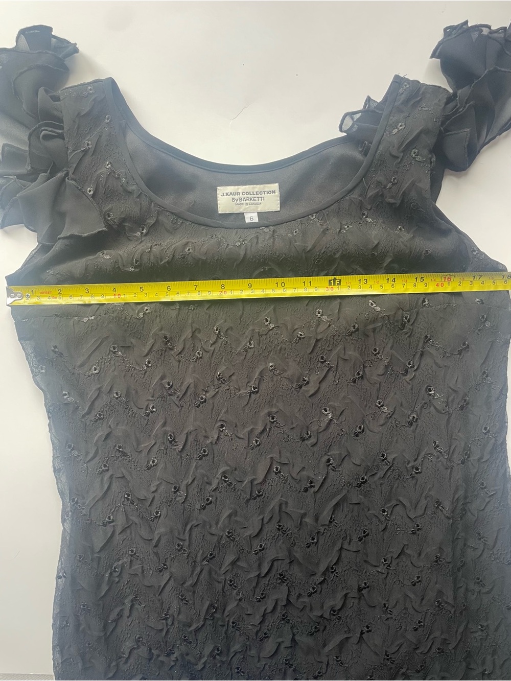 vintage barketti J.Kaur Black Ruffle Hem Evening Dress Sheer Floral Formal Gown - Picture 7 of 10